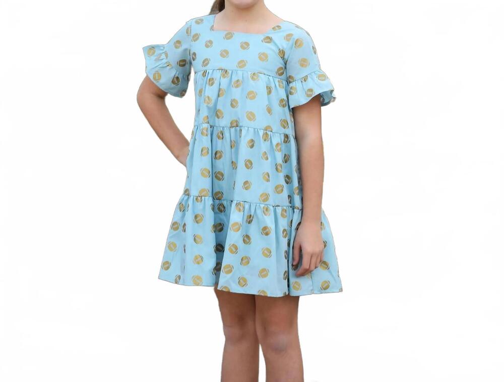 NEW THE YELLOW LAMB girl's game day tiered dress with footballs in blue